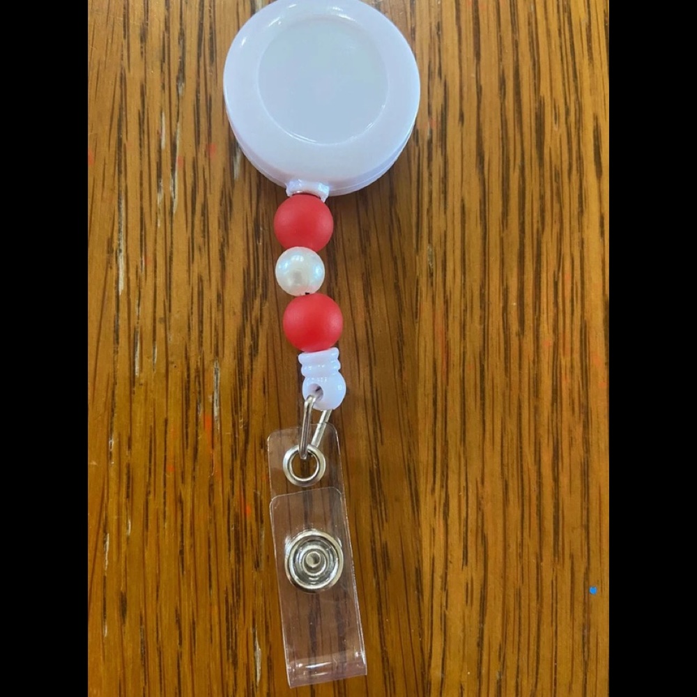 Handmade Red and Pearl Beaded Interchangeable Badge Reel